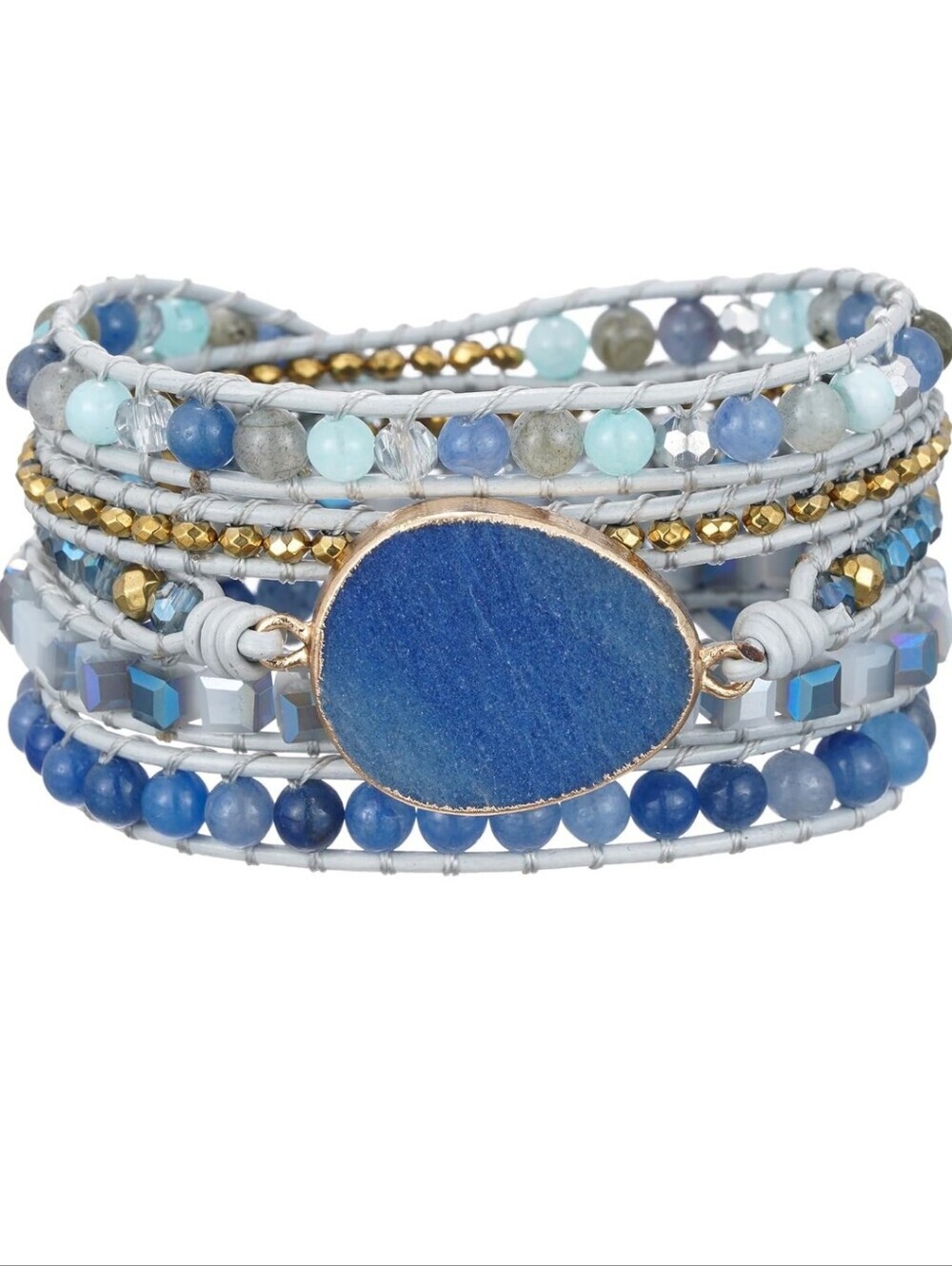 Blue Multi-Strand Stone & Gold Accent Wrap Bracelet